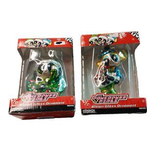 2 Power Puff Girls Blown Glass Ornaments NEW in Boxes Cartoon Network Wreath